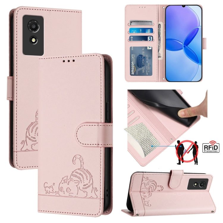 Cat Rat Embossed Pattern RFID Leather Phone Case with Lanyard, For TCL 50 XE, For TCL 50 SE, For TCL 501, For TCL 505, For TCL 502, For TCL 405 / 406 / 408, For TCL 40 XL / 40 T T608DL, For TCL 40 SE