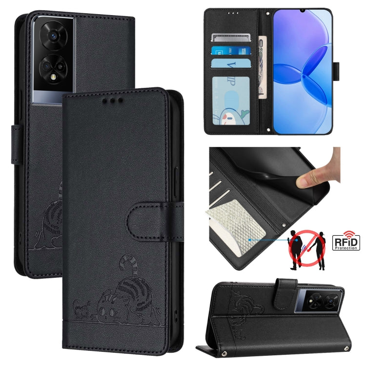 Cat Rat Embossed Pattern RFID Leather Phone Case with Lanyard, For TCL 50 XE, For TCL 50 SE, For TCL 501, For TCL 505, For TCL 502, For TCL 405 / 406 / 408, For TCL 40 XL / 40 T T608DL, For TCL 40 SE