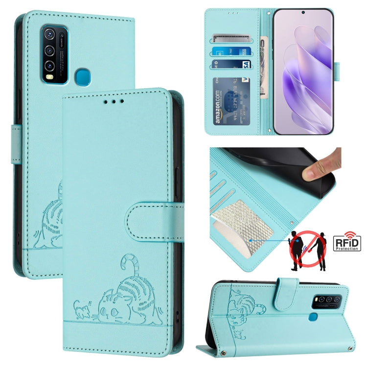 Cat Rat Embossed Pattern RFID Leather Phone Case with Lanyard, For vivo Y30 4G Global, For vivo Y19 / U3 / Y5S / Z5i / U20, For vivo Y17 / Y15 / Y12 / Y11, For vivo Y35 4G Global, For vivo Y27 4G 2023 Global, For vivo Y22 4G Global