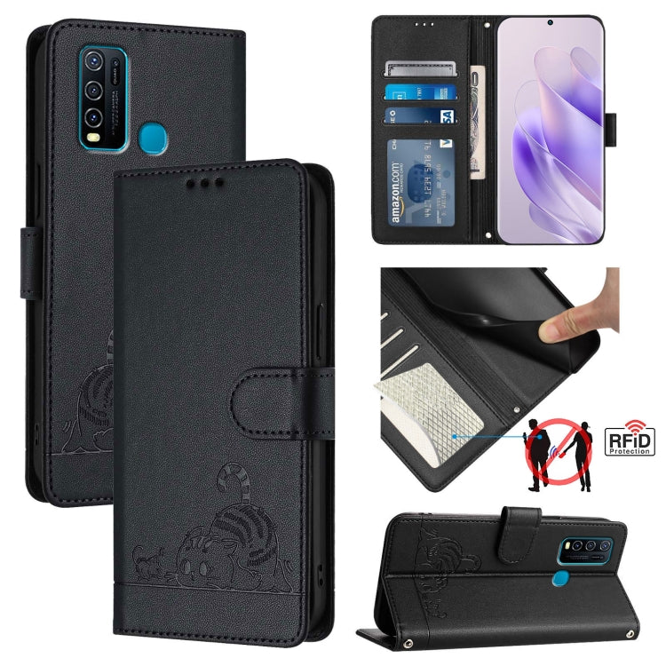 Cat Rat Embossed Pattern RFID Leather Phone Case with Lanyard, For vivo Y30 4G Global, For vivo Y19 / U3 / Y5S / Z5i / U20, For vivo Y17 / Y15 / Y12 / Y11, For vivo Y35 4G Global, For vivo Y27 4G 2023 Global, For vivo Y22 4G Global