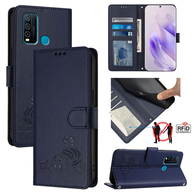 Cat Rat Embossed Pattern RFID Leather Phone Case with Lanyard, For vivo Y30 4G Global, For vivo Y19 / U3 / Y5S / Z5i / U20, For vivo Y17 / Y15 / Y12 / Y11, For vivo Y35 4G Global, For vivo Y27 4G 2023 Global, For vivo Y22 4G Global