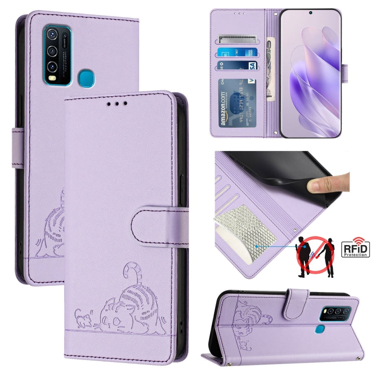 Cat Rat Embossed Pattern RFID Leather Phone Case with Lanyard, For vivo Y30 4G Global, For vivo Y19 / U3 / Y5S / Z5i / U20, For vivo Y17 / Y15 / Y12 / Y11, For vivo Y35 4G Global, For vivo Y27 4G 2023 Global, For vivo Y22 4G Global