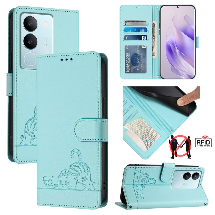 Cat Rat Embossed Pattern RFID Leather Phone Case with Lanyard, For vivo V30 Lite 5G Global, For vivo X100 Pro 5G, For vivo X100, For vivo Y27S 4G Global, For vivo V29 5G Global / V29 Pro, For vivo Y17S 4G Global, For vivo Y17S 5G India                 ...
