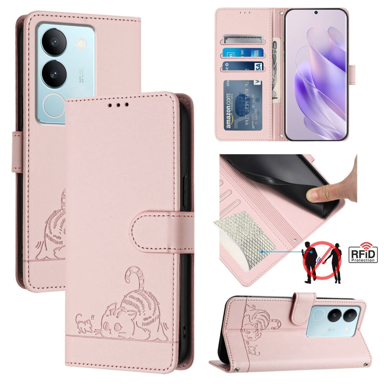 Cat Rat Embossed Pattern RFID Leather Phone Case with Lanyard, For vivo V30 Lite 5G Global, For vivo X100 Pro 5G, For vivo X100, For vivo Y27S 4G Global, For vivo V29 5G Global / V29 Pro, For vivo Y17S 4G Global, For vivo Y17S 5G India                 ...