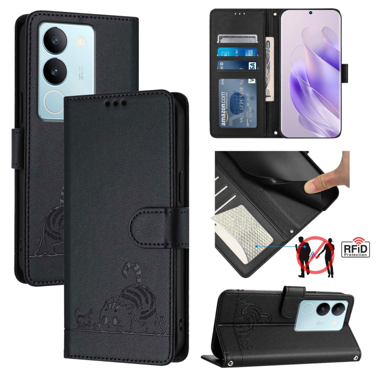 Cat Rat Embossed Pattern RFID Leather Phone Case with Lanyard, For vivo V30 Lite 5G Global, For vivo X100 Pro 5G, For vivo X100, For vivo Y27S 4G Global, For vivo V29 5G Global / V29 Pro, For vivo Y17S 4G Global, For vivo Y17S 5G India                 ...