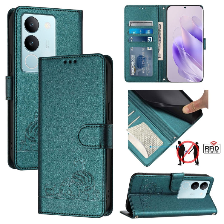 Cat Rat Embossed Pattern RFID Leather Phone Case with Lanyard, For vivo V30 Lite 5G Global, For vivo X100 Pro 5G, For vivo X100, For vivo Y27S 4G Global, For vivo V29 5G Global / V29 Pro, For vivo Y17S 4G Global, For vivo Y17S 5G India                 ...