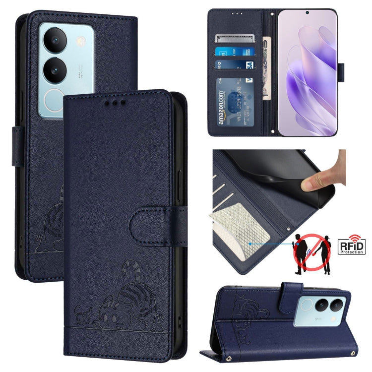Cat Rat Embossed Pattern RFID Leather Phone Case with Lanyard, For vivo V30 Lite 5G Global, For vivo X100 Pro 5G, For vivo X100, For vivo Y27S 4G Global, For vivo V29 5G Global / V29 Pro, For vivo Y17S 4G Global, For vivo Y17S 5G India                 ...