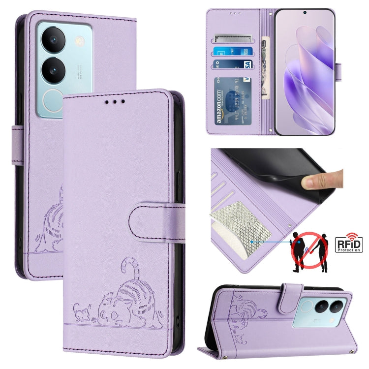 Cat Rat Embossed Pattern RFID Leather Phone Case with Lanyard, For vivo V30 Lite 5G Global, For vivo X100 Pro 5G, For vivo X100, For vivo Y27S 4G Global, For vivo V29 5G Global / V29 Pro, For vivo Y17S 4G Global, For vivo Y17S 5G India                 ...