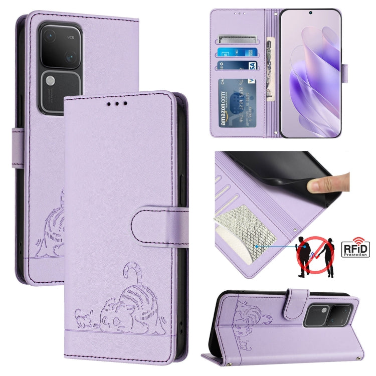 Cat Rat Embossed Pattern RFID Leather Phone Case with Lanyard, For vivo Y20A / Y20G / Y12A, For vivo Y03 4G Global, For vivo Y100 5G IDN, For vivo Y200E 5G Global, For vivo V30 5G Global, For vivo V30 Pro 5G Global, For vivo V29E 5G Global             ...