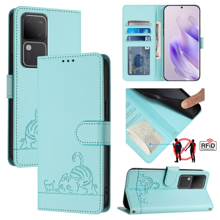 Cat Rat Embossed Pattern RFID Leather Phone Case with Lanyard, For vivo Y20A / Y20G / Y12A, For vivo Y03 4G Global, For vivo Y100 5G IDN, For vivo Y200E 5G Global, For vivo V30 5G Global, For vivo V30 Pro 5G Global, For vivo V29E 5G Global             ...