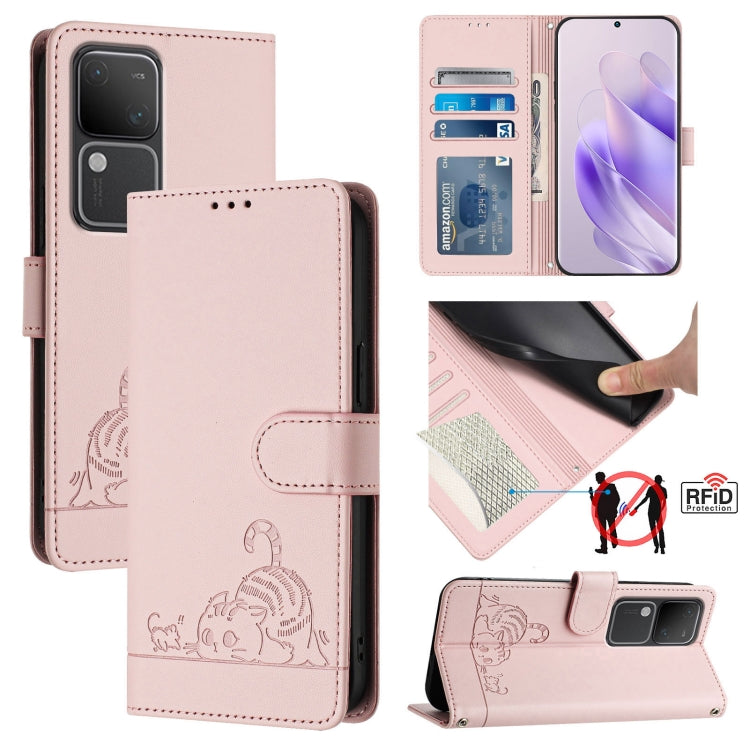 Cat Rat Embossed Pattern RFID Leather Phone Case with Lanyard, For vivo Y20A / Y20G / Y12A, For vivo Y03 4G Global, For vivo Y100 5G IDN, For vivo Y200E 5G Global, For vivo V30 5G Global, For vivo V30 Pro 5G Global, For vivo V29E 5G Global             ...