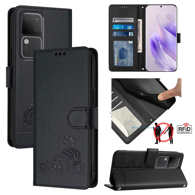 Cat Rat Embossed Pattern RFID Leather Phone Case with Lanyard, For vivo Y20A / Y20G / Y12A, For vivo Y03 4G Global, For vivo Y100 5G IDN, For vivo Y200E 5G Global, For vivo V30 5G Global, For vivo V30 Pro 5G Global, For vivo V29E 5G Global             ...
