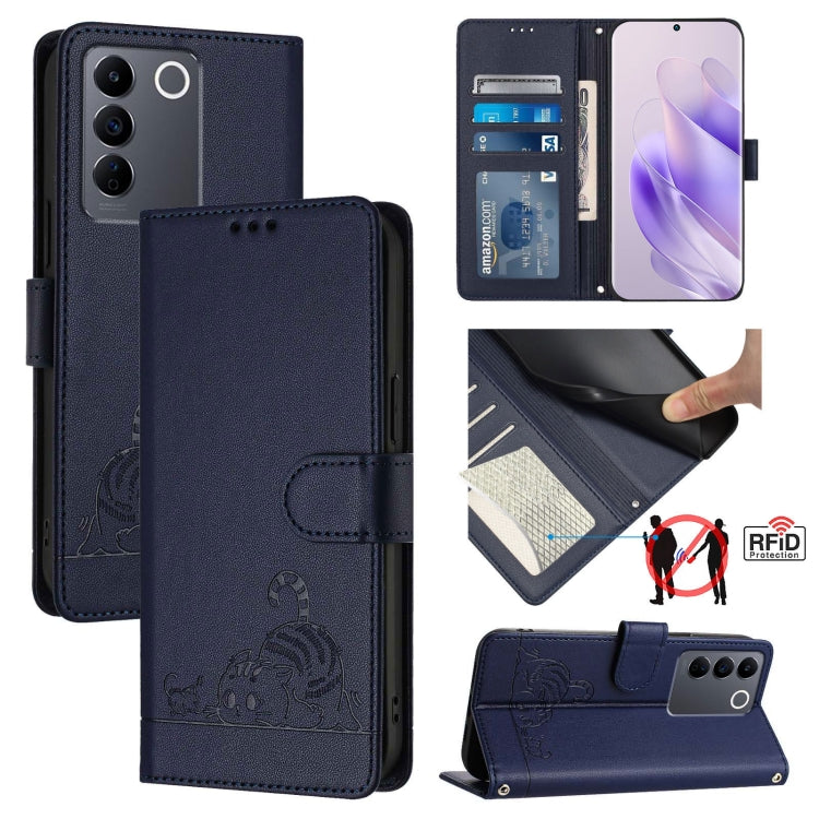 Cat Rat Embossed Pattern RFID Leather Phone Case with Lanyard, For vivo Y02S 4G Global, For vivo Y100 5G Global, For vivo V27 5G Global, For vivo V27 Pro 5G Global, For vivo V27E 4G Global, For vivo T2 4G Global, For vivo Y72 5G / iQOO Z3 / Y52 5G     ...