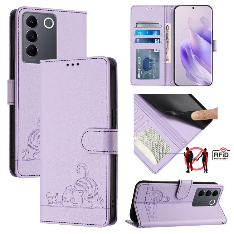 Cat Rat Embossed Pattern RFID Leather Phone Case with Lanyard, For vivo Y02S 4G Global, For vivo Y100 5G Global, For vivo V27 5G Global, For vivo V27 Pro 5G Global, For vivo V27E 4G Global, For vivo T2 4G Global, For vivo Y72 5G / iQOO Z3 / Y52 5G     ...
