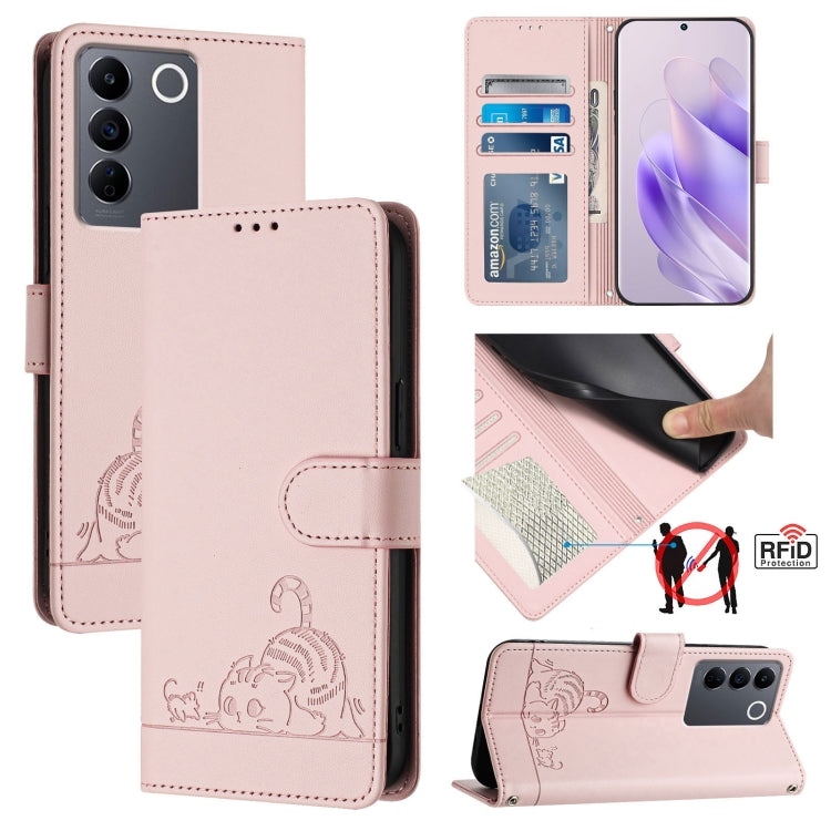 Cat Rat Embossed Pattern RFID Leather Phone Case with Lanyard, For vivo Y02S 4G Global, For vivo Y100 5G Global, For vivo V27 5G Global, For vivo V27 Pro 5G Global, For vivo V27E 4G Global, For vivo T2 4G Global, For vivo Y72 5G / iQOO Z3 / Y52 5G     ...