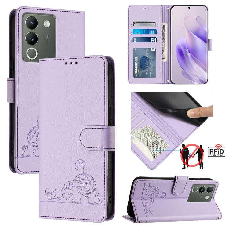 Cat Rat Embossed Pattern RFID Leather Phone Case with Lanyard, For vivo Y20A / Y20G / Y12A, For vivo Y03 4G Global, For vivo Y100 5G IDN, For vivo Y200E 5G Global, For vivo V30 5G Global, For vivo V30 Pro 5G Global, For vivo V29E 5G Global             ...