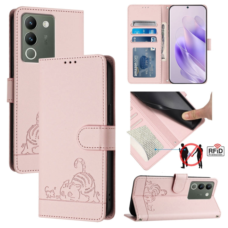 Cat Rat Embossed Pattern RFID Leather Phone Case with Lanyard, For vivo V30 Lite 5G Global, For vivo X100 Pro 5G, For vivo X100, For vivo Y27S 4G Global, For vivo V29 5G Global / V29 Pro, For vivo Y17S 4G Global, For vivo Y17S 5G India                 ...