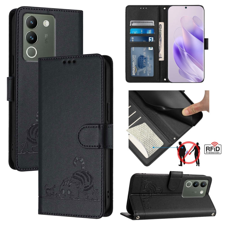 Cat Rat Embossed Pattern RFID Leather Phone Case with Lanyard, For vivo V30 Lite 5G Global, For vivo X100 Pro 5G, For vivo X100, For vivo Y27S 4G Global, For vivo V29 5G Global / V29 Pro, For vivo Y17S 4G Global, For vivo Y17S 5G India                 ...