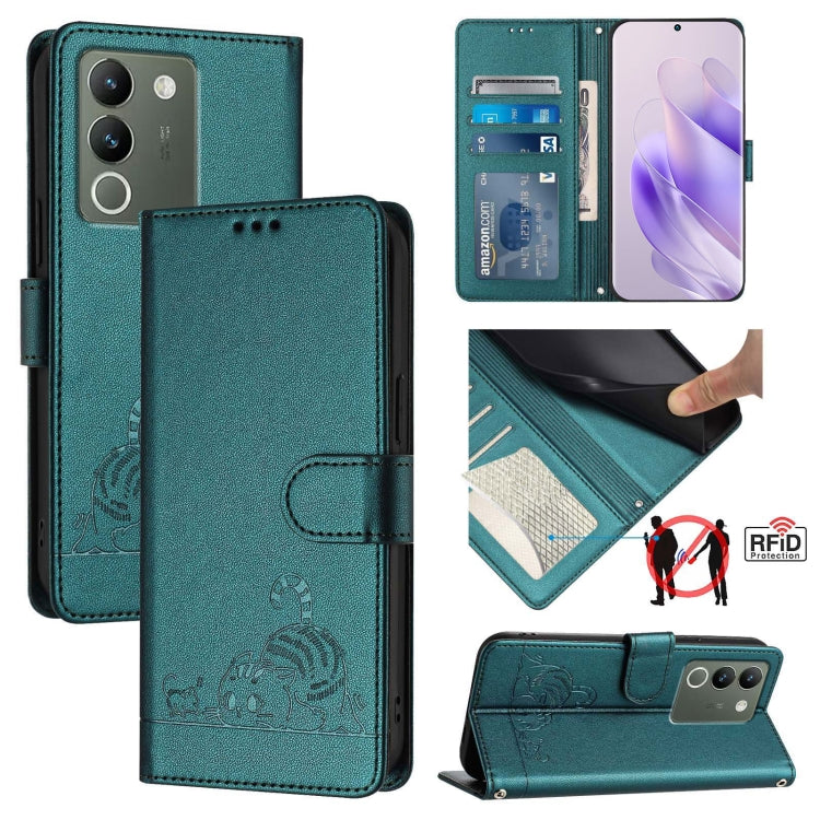Cat Rat Embossed Pattern RFID Leather Phone Case with Lanyard, For vivo V30 Lite 5G Global, For vivo X100 Pro 5G, For vivo X100, For vivo Y27S 4G Global, For vivo V29 5G Global / V29 Pro, For vivo Y17S 4G Global, For vivo Y17S 5G India                 ...