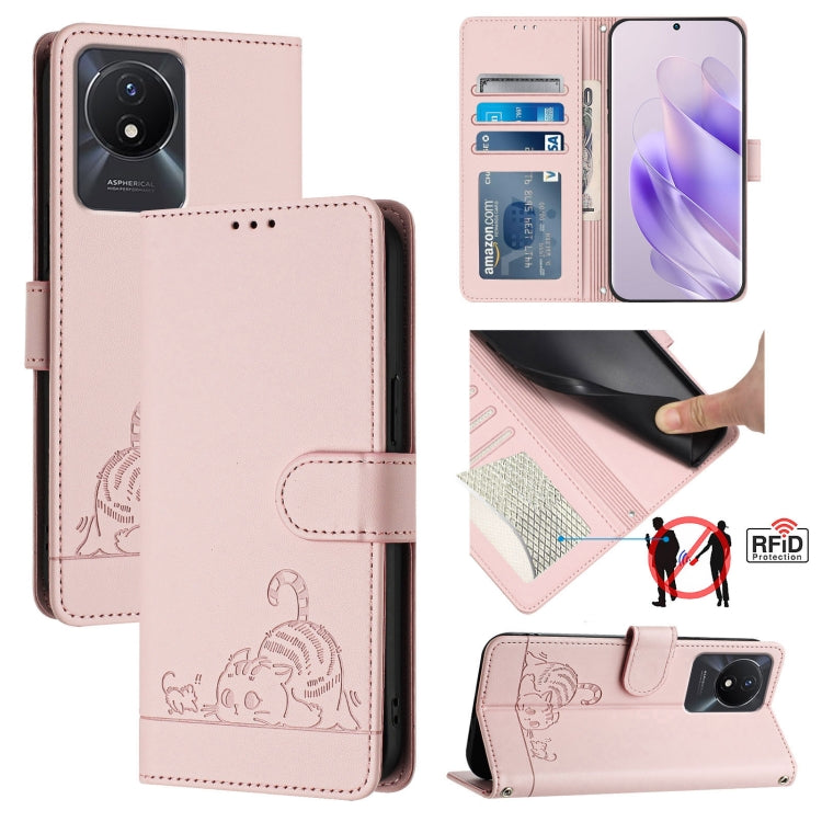 Cat Rat Embossed Pattern RFID Leather Phone Case with Lanyard, For vivo V30 Lite 5G Global, For vivo X100 Pro 5G, For vivo X100, For vivo Y27S 4G Global, For vivo V29 5G Global / V29 Pro, For vivo Y17S 4G Global, For vivo Y17S 5G India                 ...