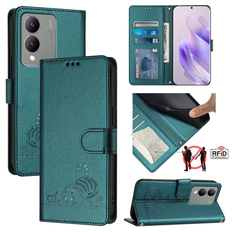 Cat Rat Embossed Pattern RFID Leather Phone Case with Lanyard, For vivo V30 Lite 5G Global, For vivo X100 Pro 5G, For vivo X100, For vivo Y27S 4G Global, For vivo V29 5G Global / V29 Pro, For vivo Y17S 4G Global, For vivo Y17S 5G India                 ...