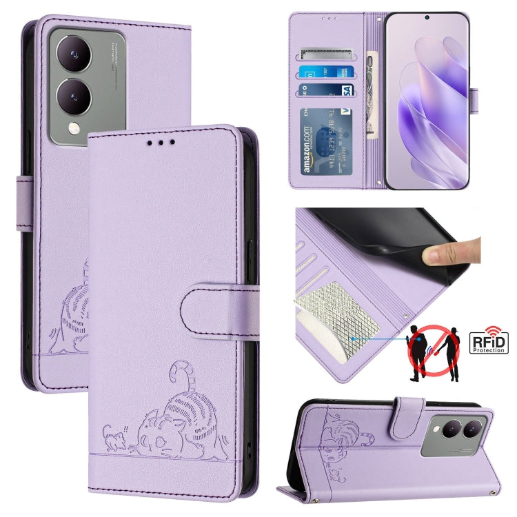 Cat Rat Embossed Pattern RFID Leather Phone Case with Lanyard, For vivo V30 Lite 5G Global, For vivo X100 Pro 5G, For vivo X100, For vivo Y27S 4G Global, For vivo V29 5G Global / V29 Pro, For vivo Y17S 4G Global, For vivo Y17S 5G India                 ...