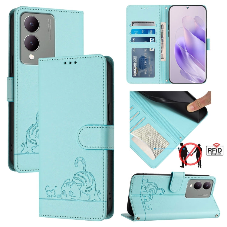 Cat Rat Embossed Pattern RFID Leather Phone Case with Lanyard, For vivo V30 Lite 5G Global, For vivo X100 Pro 5G, For vivo X100, For vivo Y27S 4G Global, For vivo V29 5G Global / V29 Pro, For vivo Y17S 4G Global, For vivo Y17S 5G India                 ...