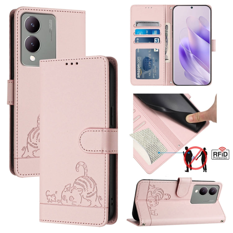 Cat Rat Embossed Pattern RFID Leather Phone Case with Lanyard, For vivo V30 Lite 5G Global, For vivo X100 Pro 5G, For vivo X100, For vivo Y27S 4G Global, For vivo V29 5G Global / V29 Pro, For vivo Y17S 4G Global, For vivo Y17S 5G India                 ...