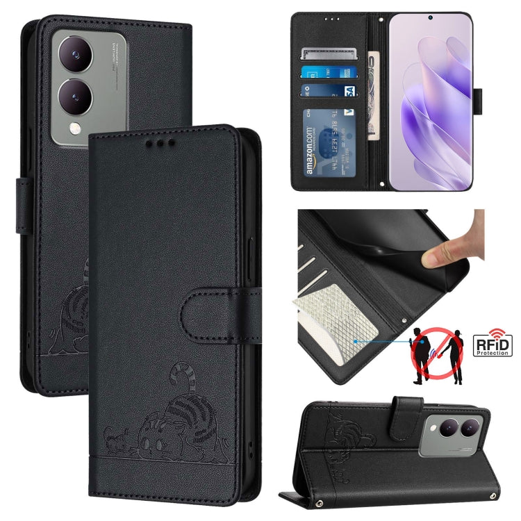 Cat Rat Embossed Pattern RFID Leather Phone Case with Lanyard, For vivo V30 Lite 5G Global, For vivo X100 Pro 5G, For vivo X100, For vivo Y27S 4G Global, For vivo V29 5G Global / V29 Pro, For vivo Y17S 4G Global, For vivo Y17S 5G India                 ...