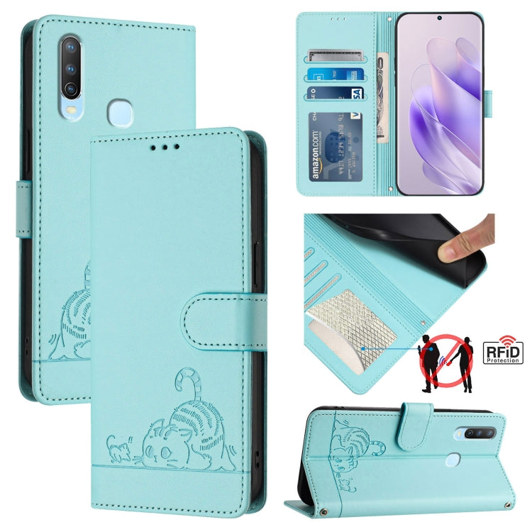 Cat Rat Embossed Pattern RFID Leather Phone Case with Lanyard, For vivo Y30 4G Global, For vivo Y19 / U3 / Y5S / Z5i / U20, For vivo Y17 / Y15 / Y12 / Y11, For vivo Y35 4G Global, For vivo Y27 4G 2023 Global, For vivo Y22 4G Global