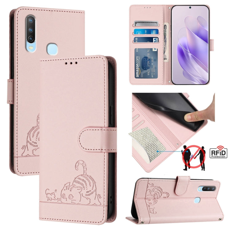 Cat Rat Embossed Pattern RFID Leather Phone Case with Lanyard, For vivo Y30 4G Global, For vivo Y19 / U3 / Y5S / Z5i / U20, For vivo Y17 / Y15 / Y12 / Y11, For vivo Y35 4G Global, For vivo Y27 4G 2023 Global, For vivo Y22 4G Global
