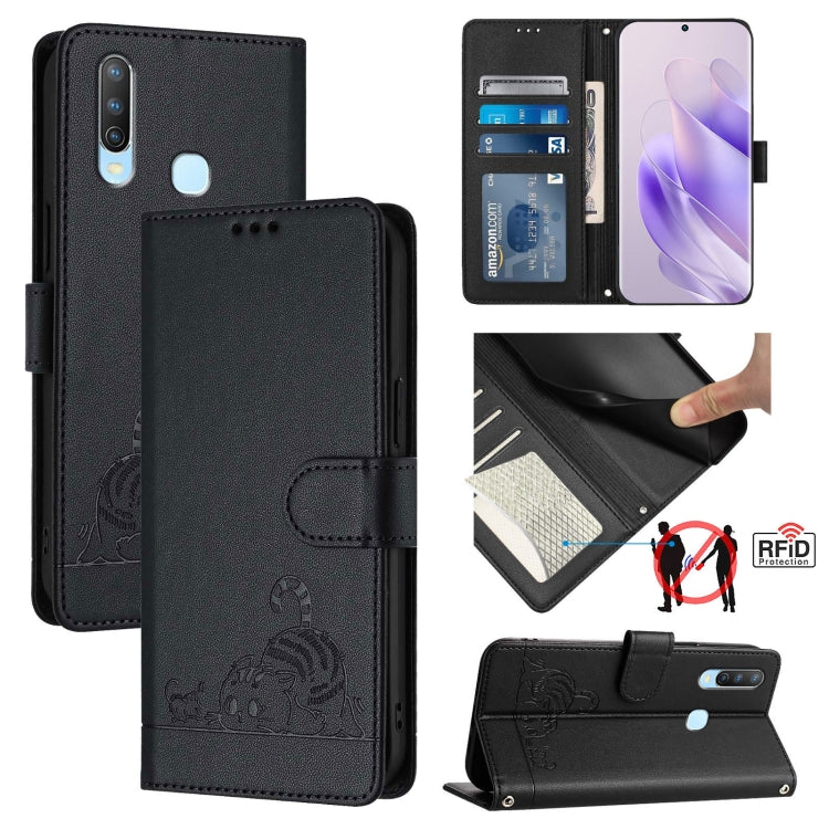 Cat Rat Embossed Pattern RFID Leather Phone Case with Lanyard, For vivo Y30 4G Global, For vivo Y19 / U3 / Y5S / Z5i / U20, For vivo Y17 / Y15 / Y12 / Y11, For vivo Y35 4G Global, For vivo Y27 4G 2023 Global, For vivo Y22 4G Global