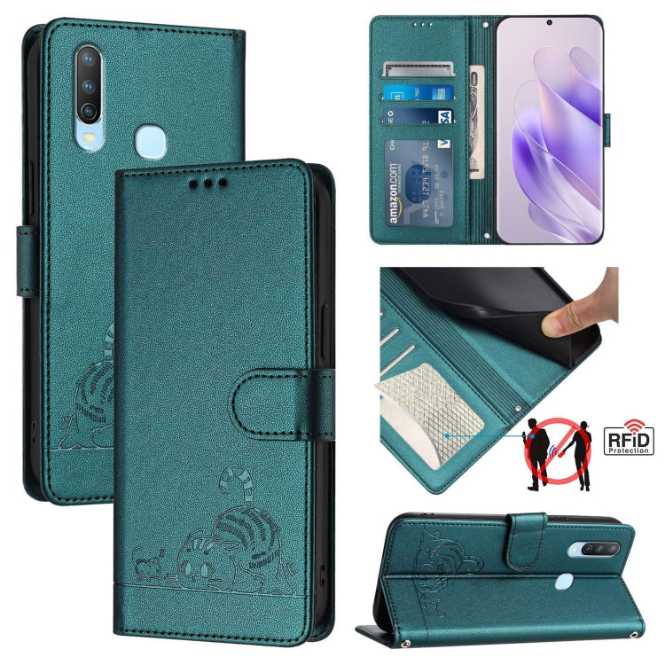 Cat Rat Embossed Pattern RFID Leather Phone Case with Lanyard, For vivo Y30 4G Global, For vivo Y19 / U3 / Y5S / Z5i / U20, For vivo Y17 / Y15 / Y12 / Y11, For vivo Y35 4G Global, For vivo Y27 4G 2023 Global, For vivo Y22 4G Global