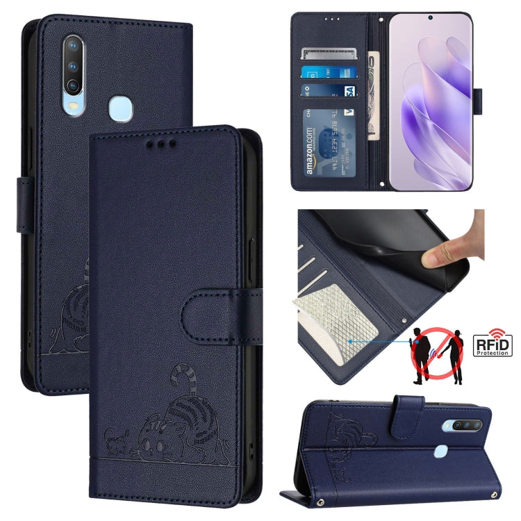 Cat Rat Embossed Pattern RFID Leather Phone Case with Lanyard, For vivo Y30 4G Global, For vivo Y19 / U3 / Y5S / Z5i / U20, For vivo Y17 / Y15 / Y12 / Y11, For vivo Y35 4G Global, For vivo Y27 4G 2023 Global, For vivo Y22 4G Global