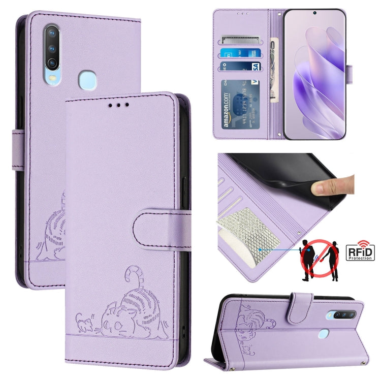 Cat Rat Embossed Pattern RFID Leather Phone Case with Lanyard, For vivo Y30 4G Global, For vivo Y19 / U3 / Y5S / Z5i / U20, For vivo Y17 / Y15 / Y12 / Y11, For vivo Y35 4G Global, For vivo Y27 4G 2023 Global, For vivo Y22 4G Global