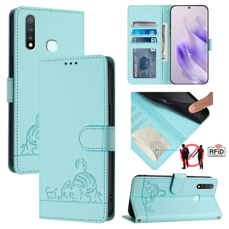 Cat Rat Embossed Pattern RFID Leather Phone Case with Lanyard, For vivo Y30 4G Global, For vivo Y19 / U3 / Y5S / Z5i / U20, For vivo Y17 / Y15 / Y12 / Y11, For vivo Y35 4G Global, For vivo Y27 4G 2023 Global, For vivo Y22 4G Global