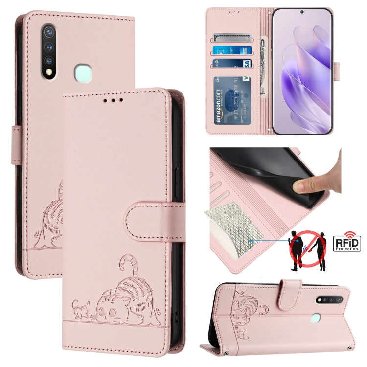Cat Rat Embossed Pattern RFID Leather Phone Case with Lanyard, For vivo Y30 4G Global, For vivo Y19 / U3 / Y5S / Z5i / U20, For vivo Y17 / Y15 / Y12 / Y11, For vivo Y35 4G Global, For vivo Y27 4G 2023 Global, For vivo Y22 4G Global