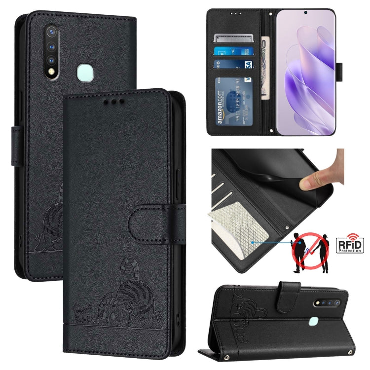 Cat Rat Embossed Pattern RFID Leather Phone Case with Lanyard, For vivo Y30 4G Global, For vivo Y19 / U3 / Y5S / Z5i / U20, For vivo Y17 / Y15 / Y12 / Y11, For vivo Y35 4G Global, For vivo Y27 4G 2023 Global, For vivo Y22 4G Global