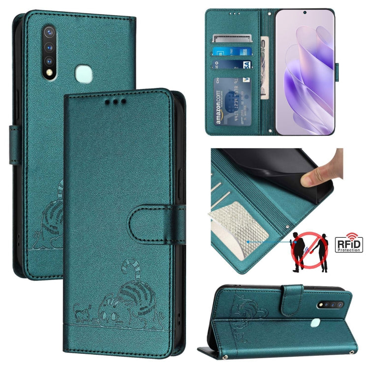 Cat Rat Embossed Pattern RFID Leather Phone Case with Lanyard, For vivo Y30 4G Global, For vivo Y19 / U3 / Y5S / Z5i / U20, For vivo Y17 / Y15 / Y12 / Y11, For vivo Y35 4G Global, For vivo Y27 4G 2023 Global, For vivo Y22 4G Global