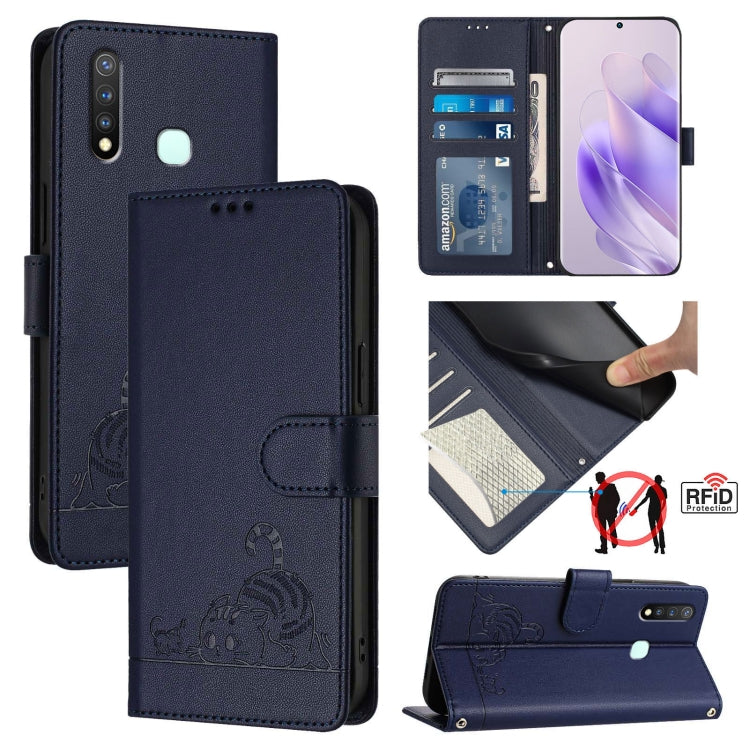 Cat Rat Embossed Pattern RFID Leather Phone Case with Lanyard, For vivo Y30 4G Global, For vivo Y19 / U3 / Y5S / Z5i / U20, For vivo Y17 / Y15 / Y12 / Y11, For vivo Y35 4G Global, For vivo Y27 4G 2023 Global, For vivo Y22 4G Global