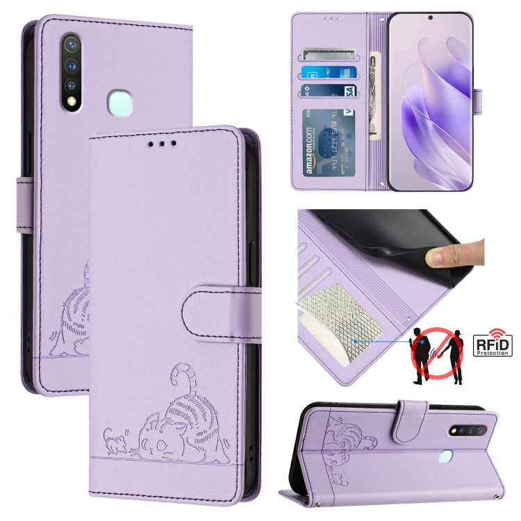 Cat Rat Embossed Pattern RFID Leather Phone Case with Lanyard, For vivo Y30 4G Global, For vivo Y19 / U3 / Y5S / Z5i / U20, For vivo Y17 / Y15 / Y12 / Y11, For vivo Y35 4G Global, For vivo Y27 4G 2023 Global, For vivo Y22 4G Global