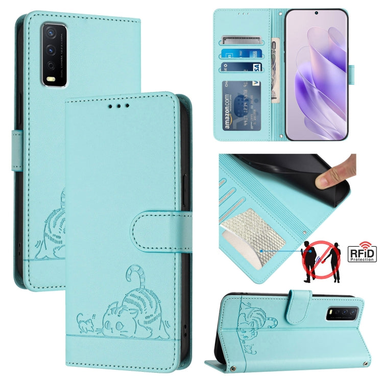 Cat Rat Embossed Pattern RFID Leather Phone Case with Lanyard, For vivo Y300 Pro, For vivo iQOO Z9s Pro 5G India, For vivo S19 Pro, For vivo S19, For vivo Y28 4G, For vivo Y38 5G, For vivo Y20 / Y20i / Y20S / Y11S, For vivo Y12S / iQOO U1x