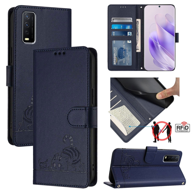 Cat Rat Embossed Pattern RFID Leather Phone Case with Lanyard, For vivo Y300 Pro, For vivo iQOO Z9s Pro 5G India, For vivo S19 Pro, For vivo S19, For vivo Y28 4G, For vivo Y38 5G, For vivo Y20 / Y20i / Y20S / Y11S, For vivo Y12S / iQOO U1x