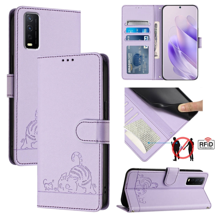 Cat Rat Embossed Pattern RFID Leather Phone Case with Lanyard, For vivo Y300 Pro, For vivo iQOO Z9s Pro 5G India, For vivo S19 Pro, For vivo S19, For vivo Y28 4G, For vivo Y38 5G, For vivo Y20 / Y20i / Y20S / Y11S, For vivo Y12S / iQOO U1x