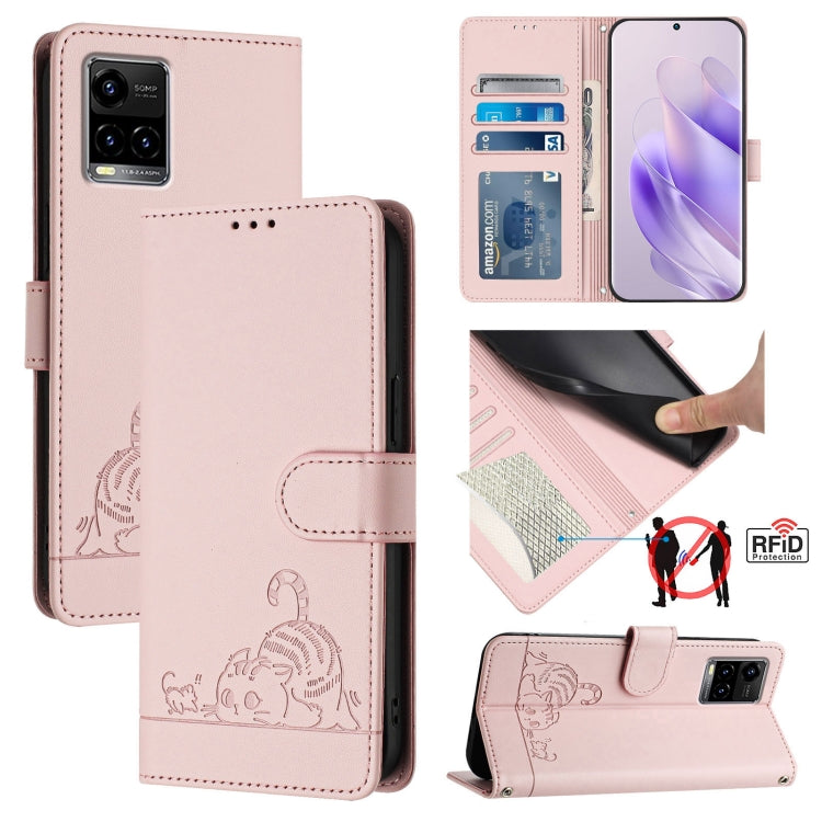 Cat Rat Embossed Pattern RFID Leather Phone Case with Lanyard, For vivo Y77 5G Global / Y77E 5G, For vivo Y55S 2023 5G, For vivo Y55 5G Global, For vivo Y75 5G Global, For vivo iQOO U5E 5G / Y30 5G, For vivo Y33E 5G, For vivo Y33S 4G Global            ...