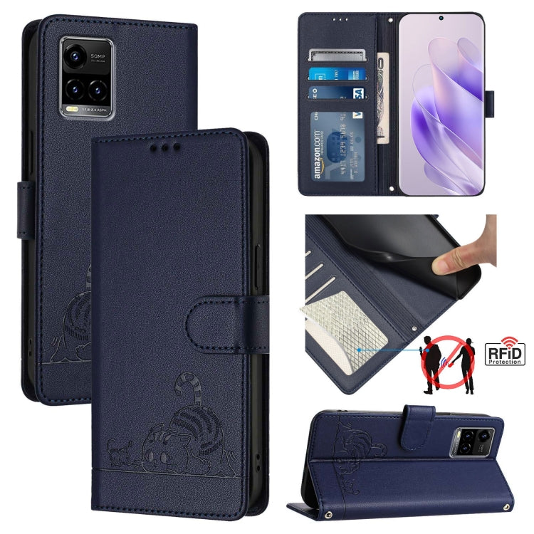 Cat Rat Embossed Pattern RFID Leather Phone Case with Lanyard, For vivo Y77 5G Global / Y77E 5G, For vivo Y55S 2023 5G, For vivo Y55 5G Global, For vivo Y75 5G Global, For vivo iQOO U5E 5G / Y30 5G, For vivo Y33E 5G, For vivo Y33S 4G Global            ...