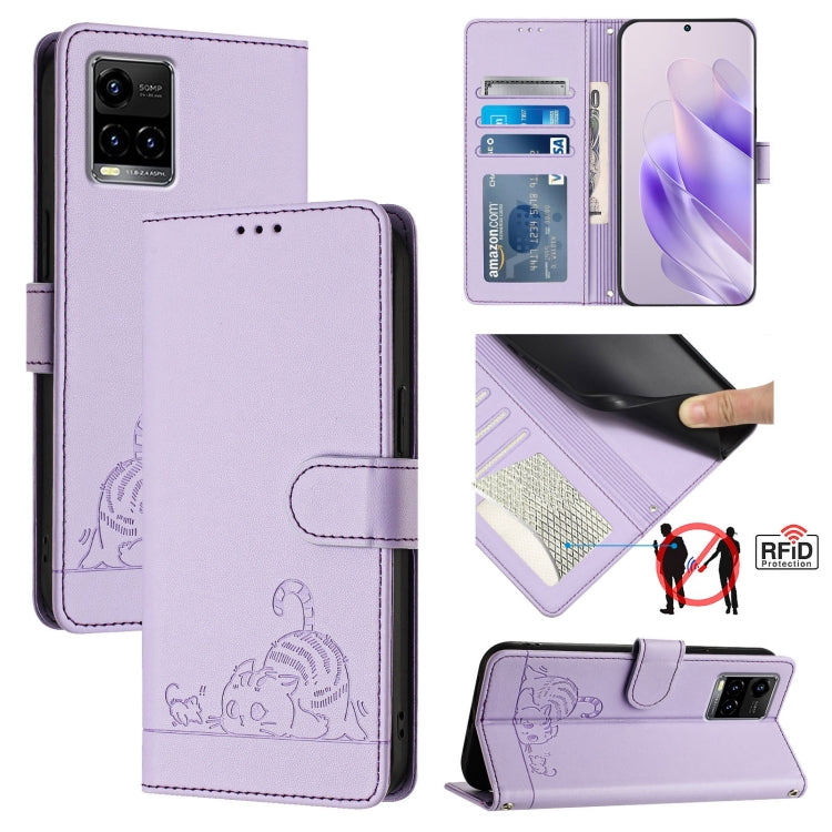 Cat Rat Embossed Pattern RFID Leather Phone Case with Lanyard, For vivo Y77 5G Global / Y77E 5G, For vivo Y55S 2023 5G, For vivo Y55 5G Global, For vivo Y75 5G Global, For vivo iQOO U5E 5G / Y30 5G, For vivo Y33E 5G, For vivo Y33S 4G Global            ...