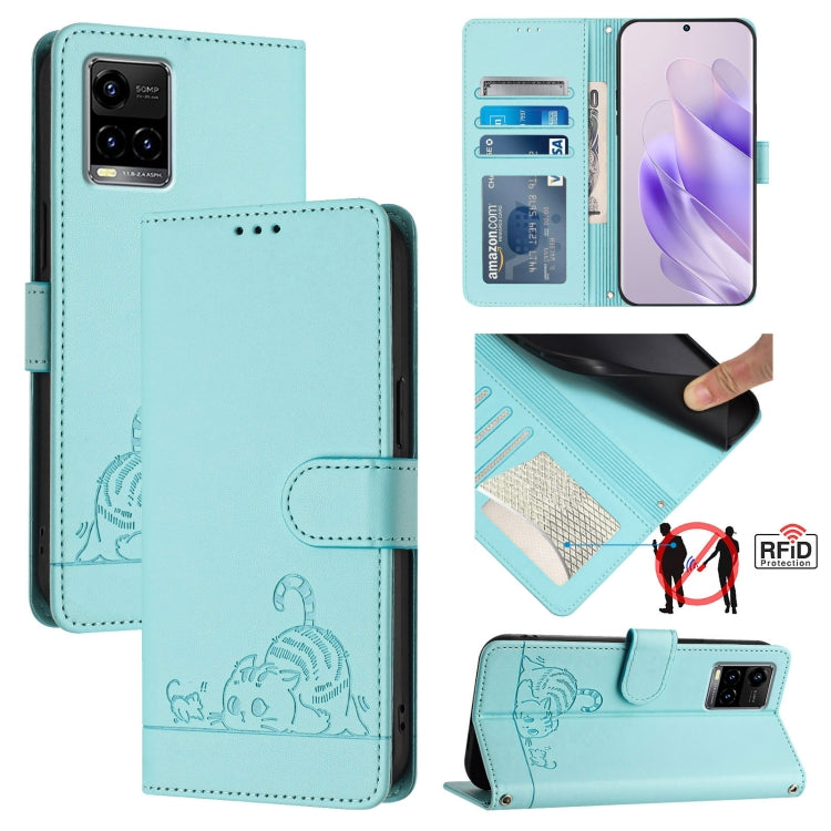 Cat Rat Embossed Pattern RFID Leather Phone Case with Lanyard, For vivo Y77 5G Global / Y77E 5G, For vivo Y55S 2023 5G, For vivo Y55 5G Global, For vivo Y75 5G Global, For vivo iQOO U5E 5G / Y30 5G, For vivo Y33E 5G, For vivo Y33S 4G Global            ...