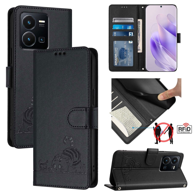 Cat Rat Embossed Pattern RFID Leather Phone Case with Lanyard, For vivo Y30 4G Global, For vivo Y19 / U3 / Y5S / Z5i / U20, For vivo Y17 / Y15 / Y12 / Y11, For vivo Y35 4G Global, For vivo Y27 4G 2023 Global, For vivo Y22 4G Global