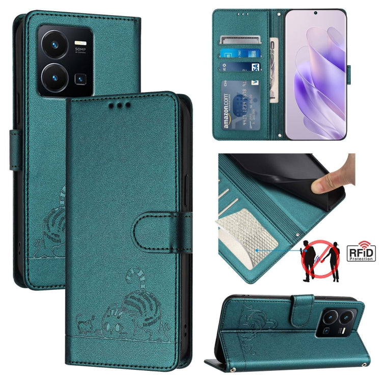 Cat Rat Embossed Pattern RFID Leather Phone Case with Lanyard, For vivo Y02S 4G Global, For vivo Y100 5G Global, For vivo V27 5G Global, For vivo V27 Pro 5G Global, For vivo V27E 4G Global, For vivo T2 4G Global, For vivo Y72 5G / iQOO Z3 / Y52 5G     ...